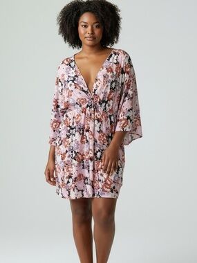Pink Lady Navy and Pink Floral v neck soft lightweight tiered dress in 2Xlg